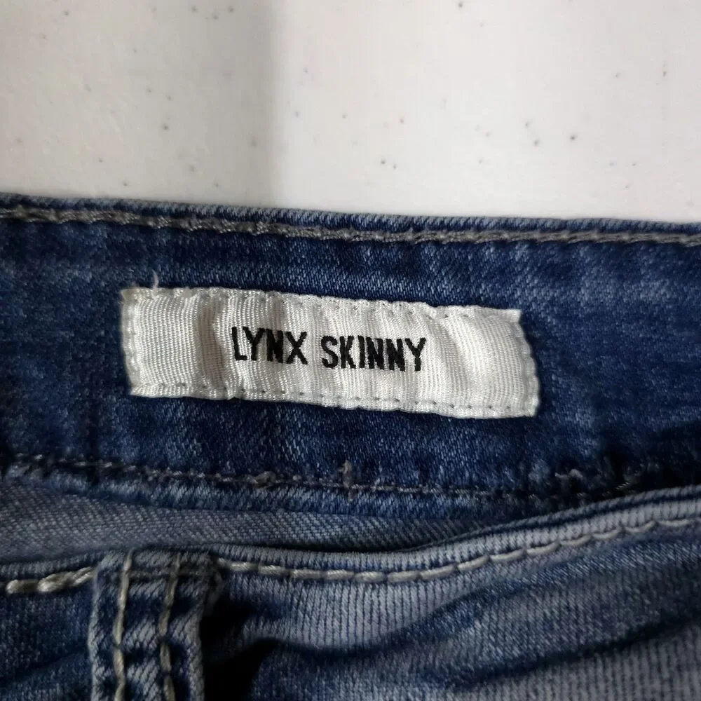 Distressed Low Rise Skinny Jeans 32R 36x30 Y2K Lynx Glam Rock Grunge Punk Baddie - Picture 5 of 16